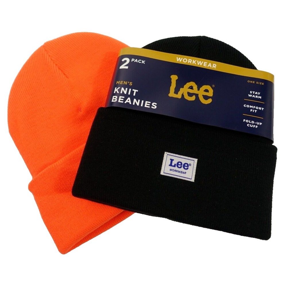Lee Workwear Knit Beanie Hat Men 2pk Comfort Fit Fold Up Cuff Stay Warm